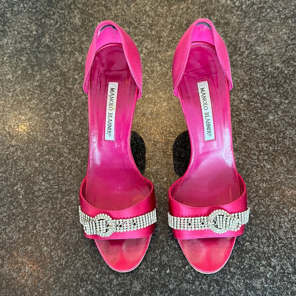 Manolo Blahnik jeweled d’orsay pump: fuchsia silk with rhinestone buckle accent